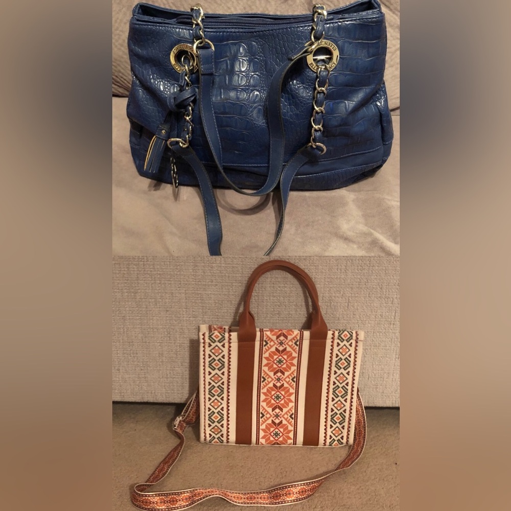 Set of 2- Ellen Tracy Blue Bag & South Western/Bohemian Patterned Tote Bag